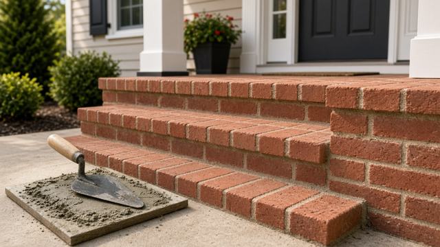 AI-generated illustration of red brick front steps with evenly tooled mortar joints, with a trowel on a mortar board beside them