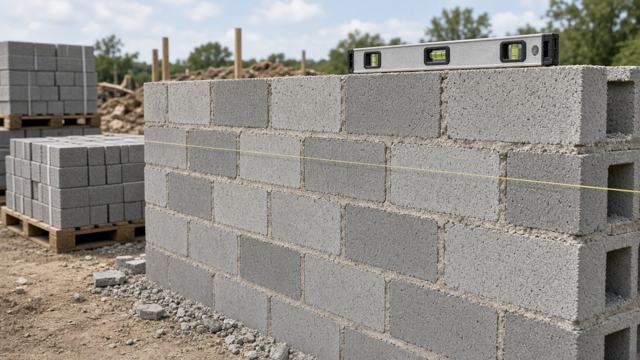 AI-generated illustration of a concrete block (CMU) wall under construction with a string line and level, beside pallets of block