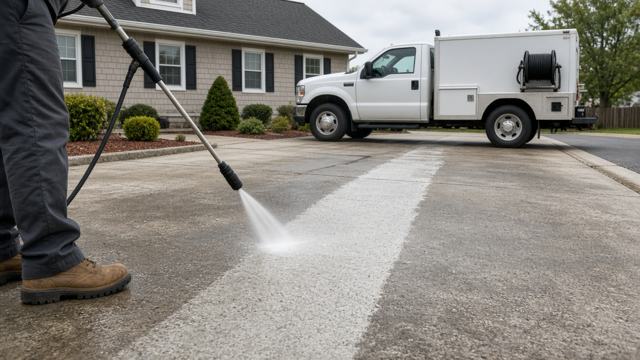 AI-generated illustration of a concrete driveway being power washed, with a clean stripe through the grime and an unmarked white utility truck with a hose reel at the curb
