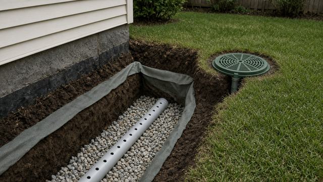 AI-generated illustration of a perforated drain pipe bedded in gravel and filter fabric in a trench along a house foundation, with a round yard drain grate in the lawn