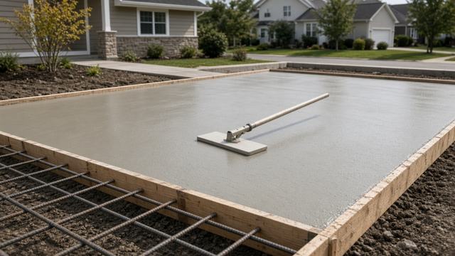 AI-generated illustration of a freshly poured concrete slab in wood forms, with a float resting on the surface and reinforcing bar visible at the edge