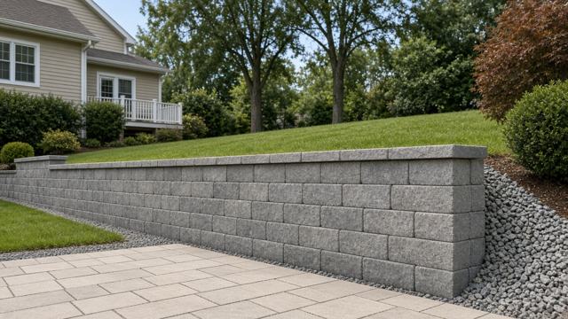 AI-generated illustration of a capped gray segmental block retaining wall holding back a sloped lawn, with gravel backfill at the open end and a paver patio below