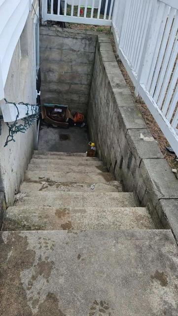 Old concrete walkout basement stairs between block walls before a rebuild